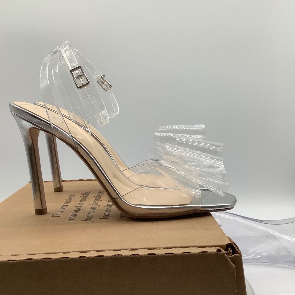 Jessica Simpson Silver Metallic Clear PVC Bow Ankle Strap Stiletto Heels 8.5M - Picture 5 of 6